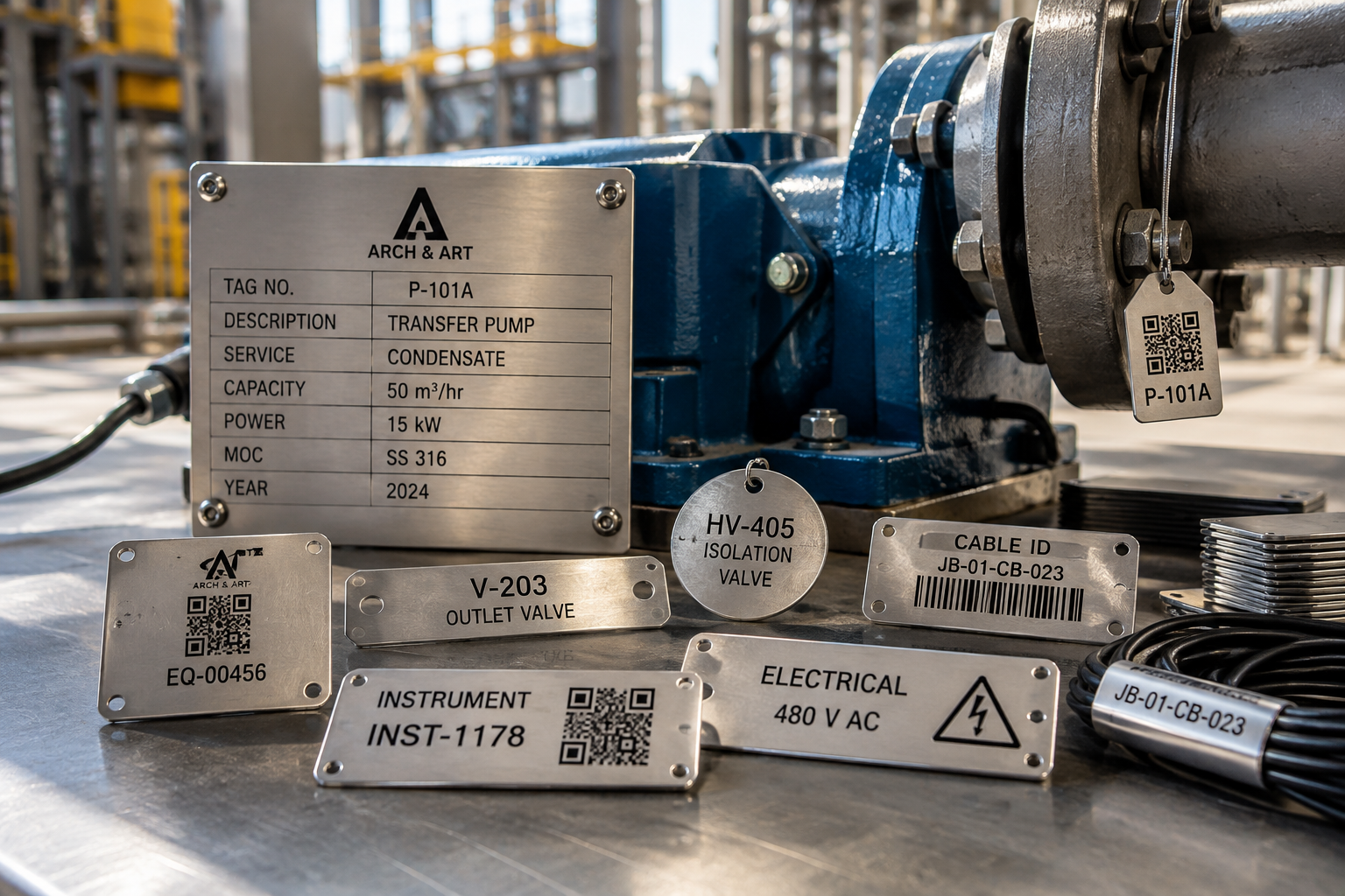 Industrial asset identification tags and nameplates